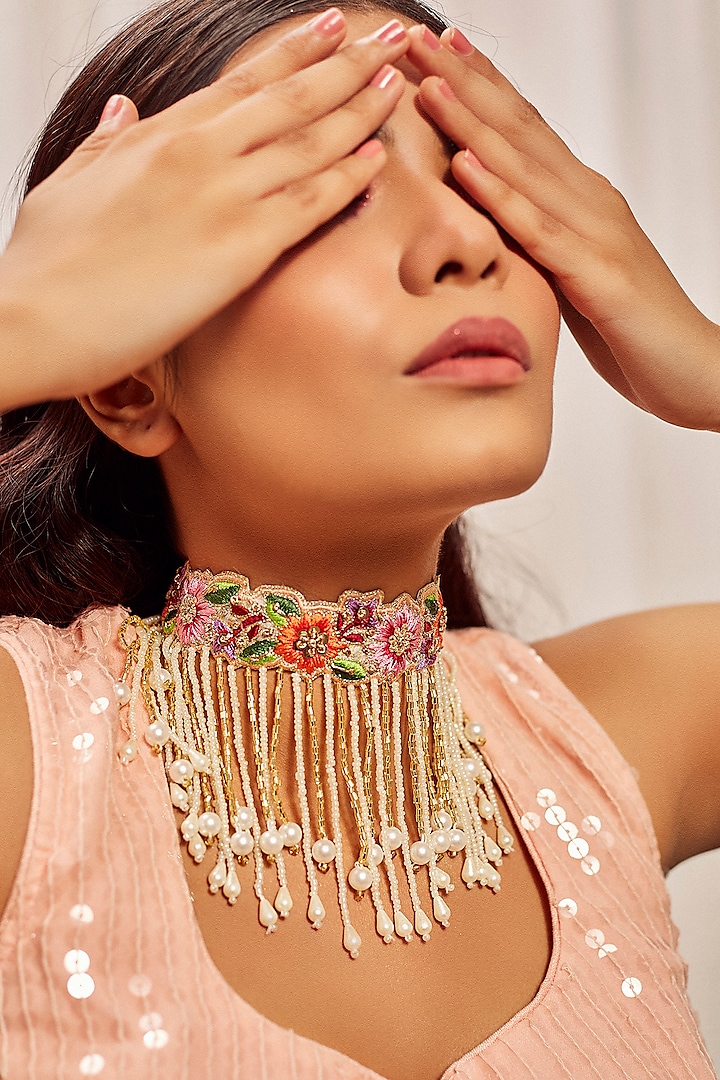 Gold Finish Tikki Embroidered Choker Necklace by KANYAADHAN BY DHIRAJAAYUSHI