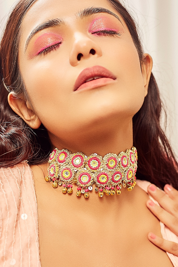 Gold Finish Thread Embroidered Choker Necklace by KANYAADHAN BY DHIRAJAAYUSHI