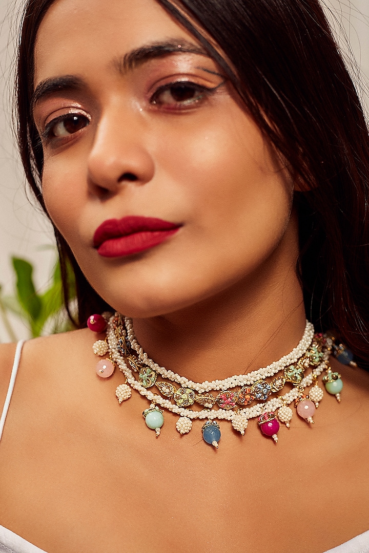 Gold Finish Choker Necklace With Tikki Embroidery by KANYAADHAN BY DHIRAJAAYUSHI