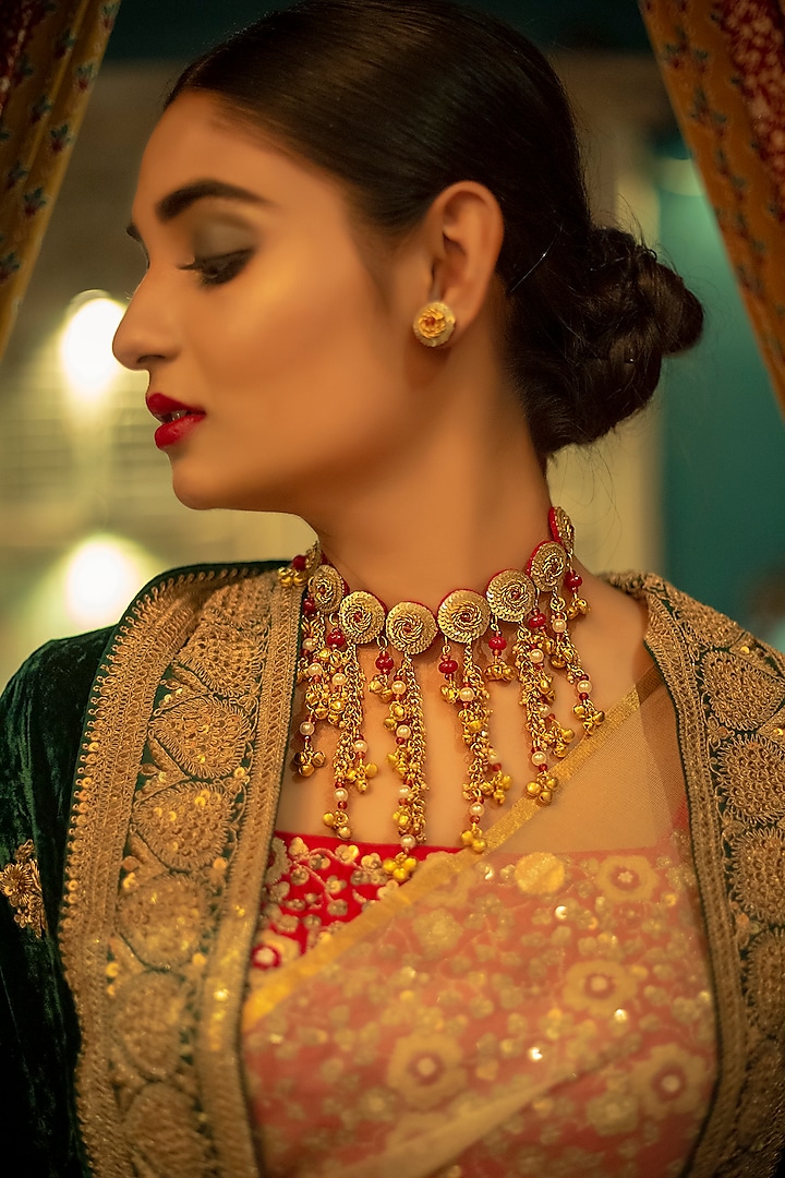 Gold Finish Choker Necklace With Moti Embroidery by KANYAADHAN BY DHIRAJAAYUSHI