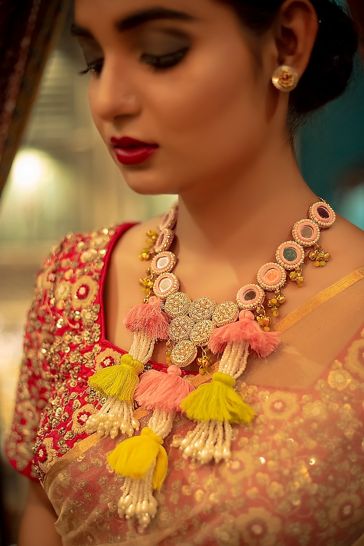 Gold Finish Moti Hand Embroidered Choker Necklace by KANYAADHAN BY DHIRAJAAYUSHI