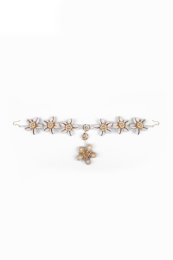 Gold Finish Pearl & Shell Mathapatti by KANYAADHAN BY DHIRAJAAYUSHI at Pernia's Pop Up Shop