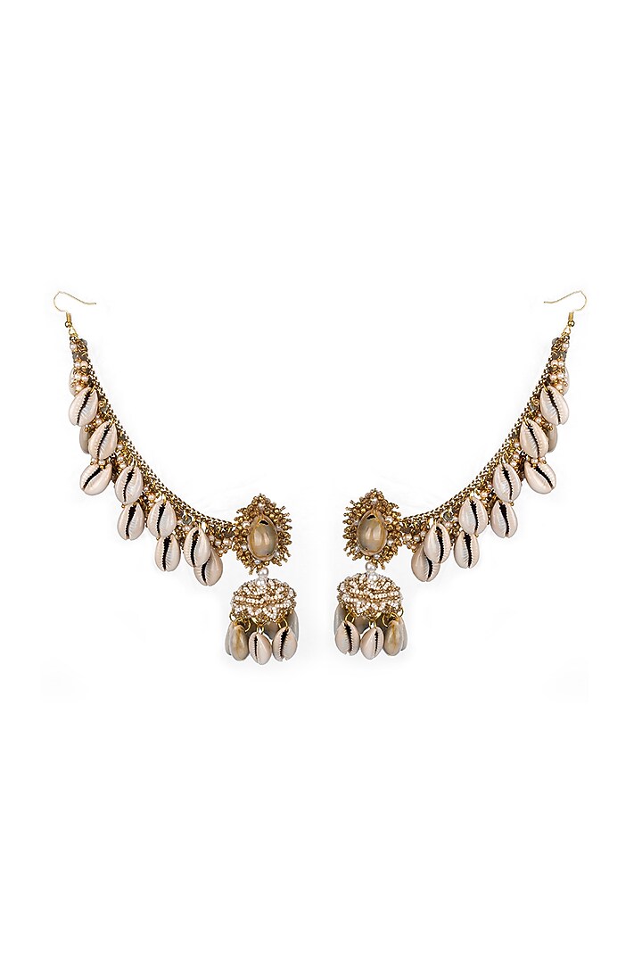 Gold Finish Pearl & Shell Dangler Earrings by KANYAADHAN BY DHIRAJAAYUSHI at Pernia's Pop Up Shop