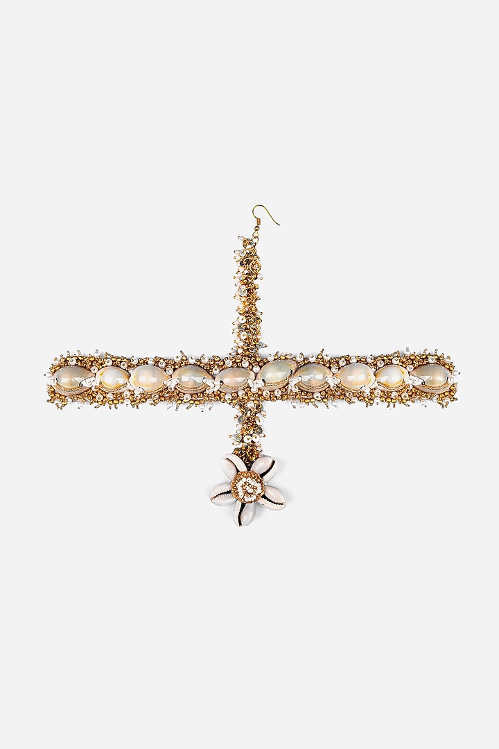 Gold Finish Pearl & Shell Mathapatti by KANYAADHAN BY DHIRAJAAYUSHI at Pernia's Pop Up Shop