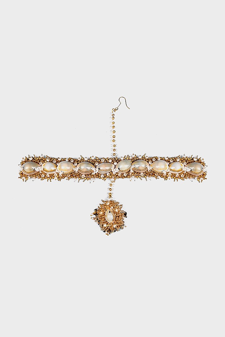 Gold Finish Pearl & Shell Mathapatti by KANYAADHAN BY DHIRAJAAYUSHI at Pernia's Pop Up Shop