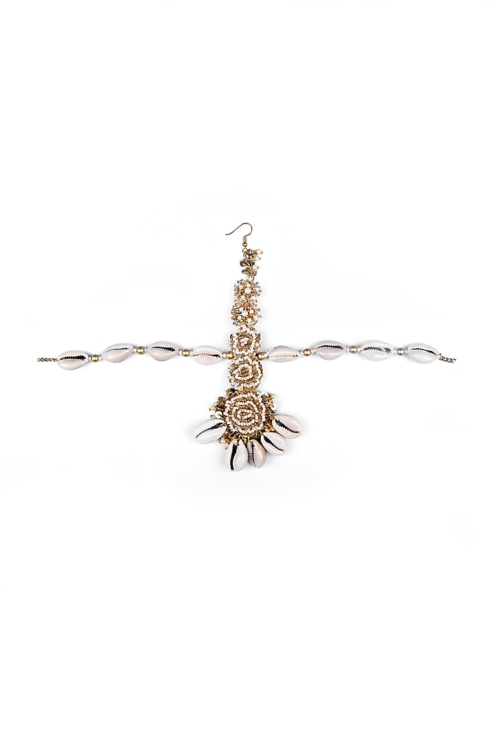 Gold Finish Pearl & Shell Mathapatti by KANYAADHAN BY DHIRAJAAYUSHI at Pernia's Pop Up Shop