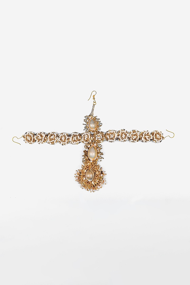 Gold Finish Pearl & Shell Mathapatti by KANYAADHAN BY DHIRAJAAYUSHI at Pernia's Pop Up Shop