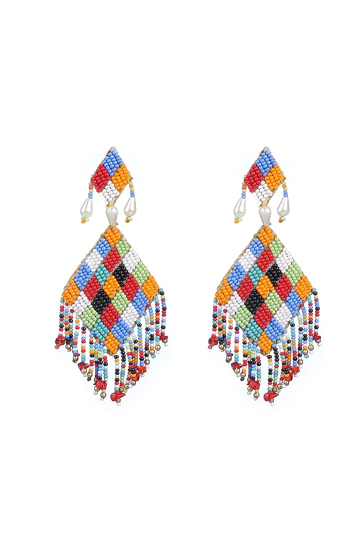 Gold Finish Moti Hand Embroidered Earrings by KANYAADHAN BY DHIRAJAAYUSHI at Pernia's Pop Up Shop