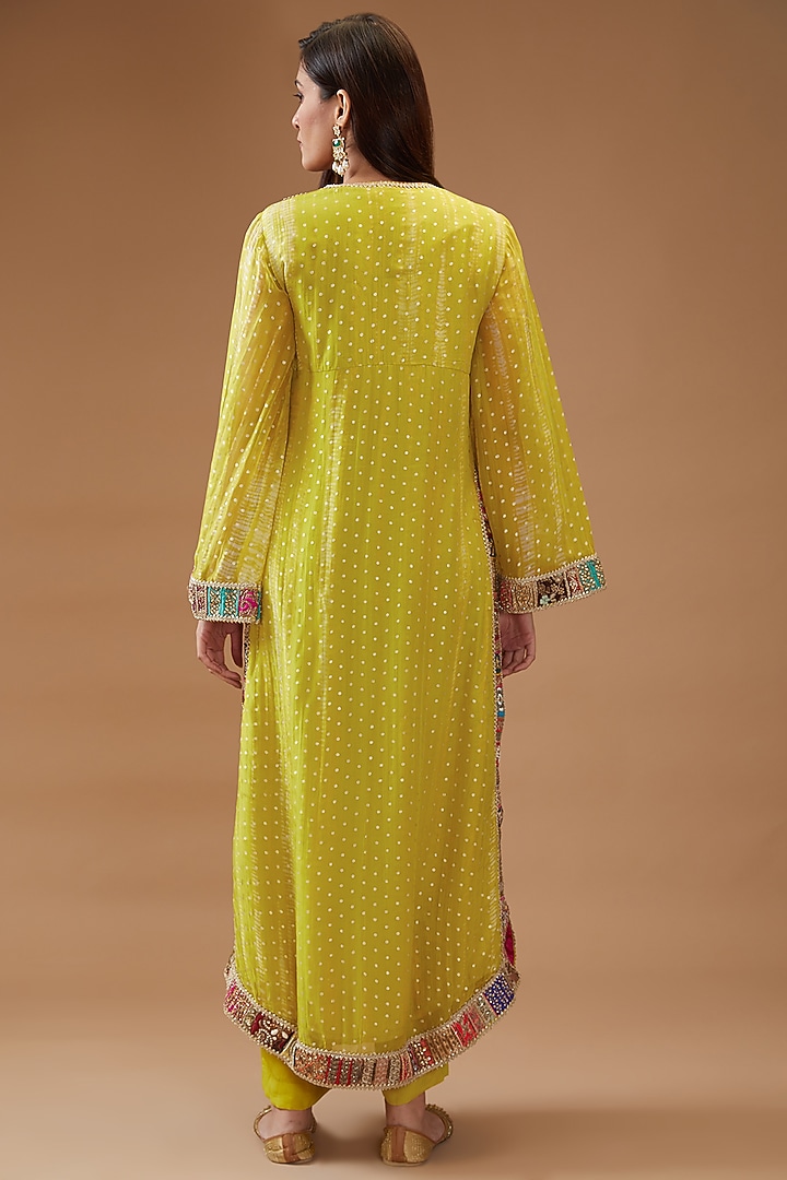 Green Organza Embroidered & Printed Kurta Set by Kisneel by Pam at Pernia's Pop Up Shop