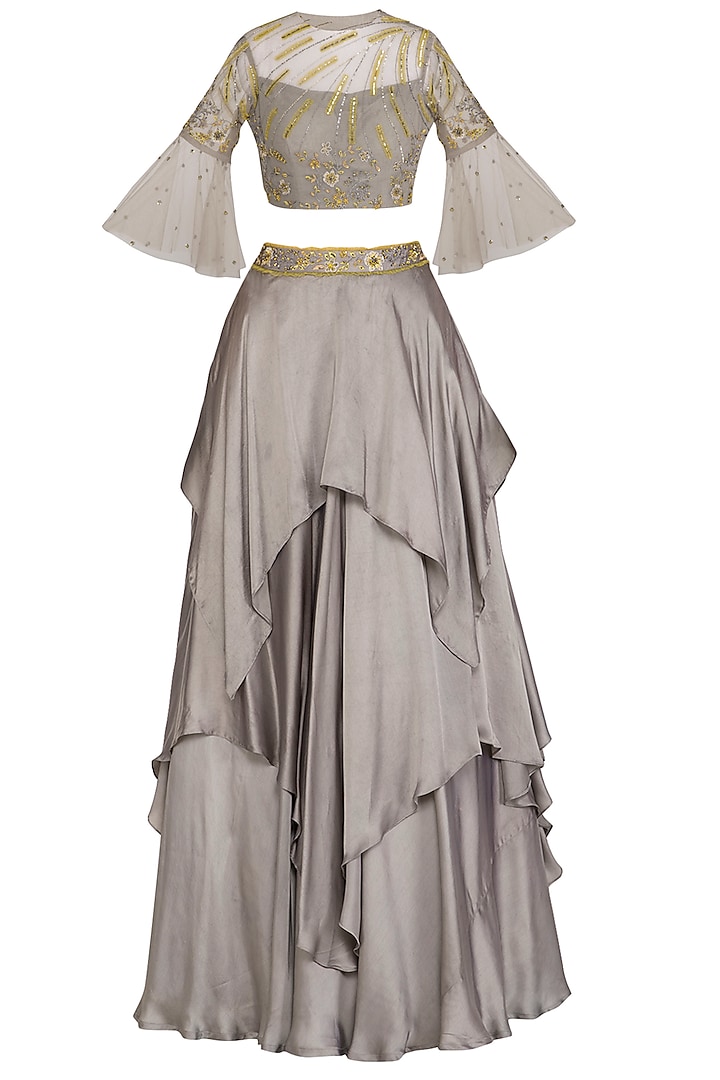 Grey Handkerchief Skirt With Embellished Top by K-ANSHIKA Jaipur