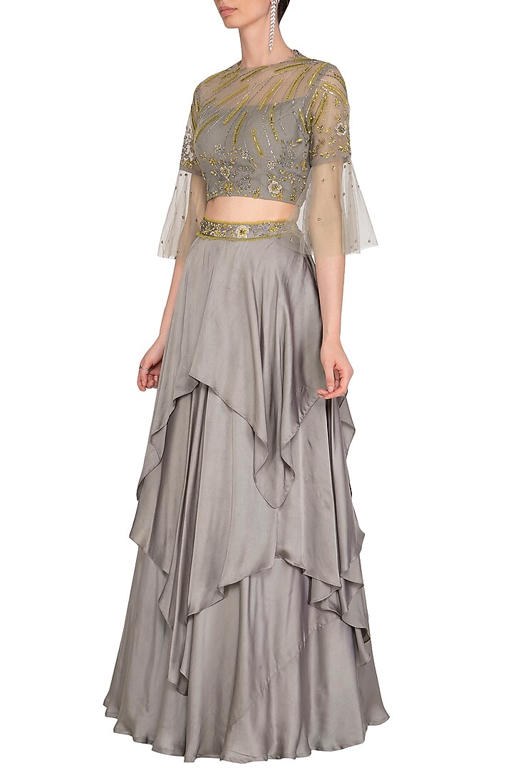 Grey Handkerchief Skirt With Embellished Top by K-ANSHIKA Jaipur at Pernia's Pop Up Shop