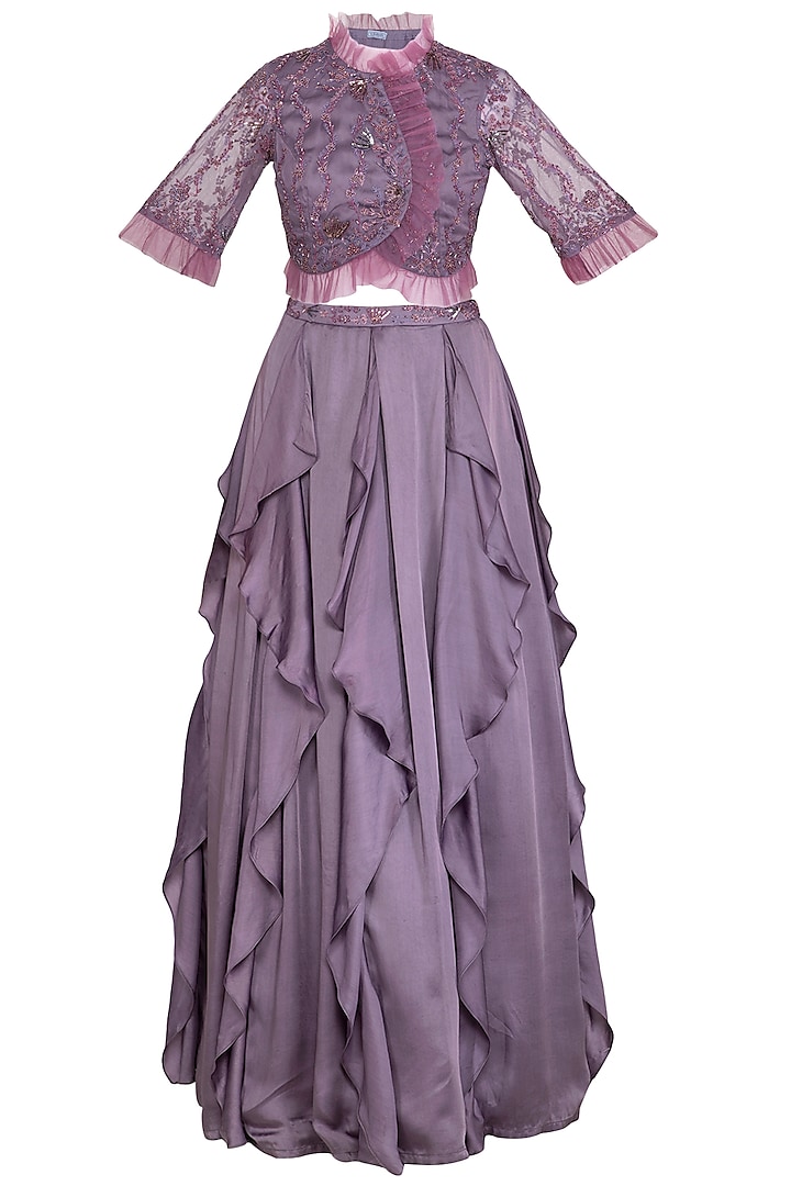 Dusty Violet Ruffled Skirt With Embellished Blouse by K-ANSHIKA Jaipur