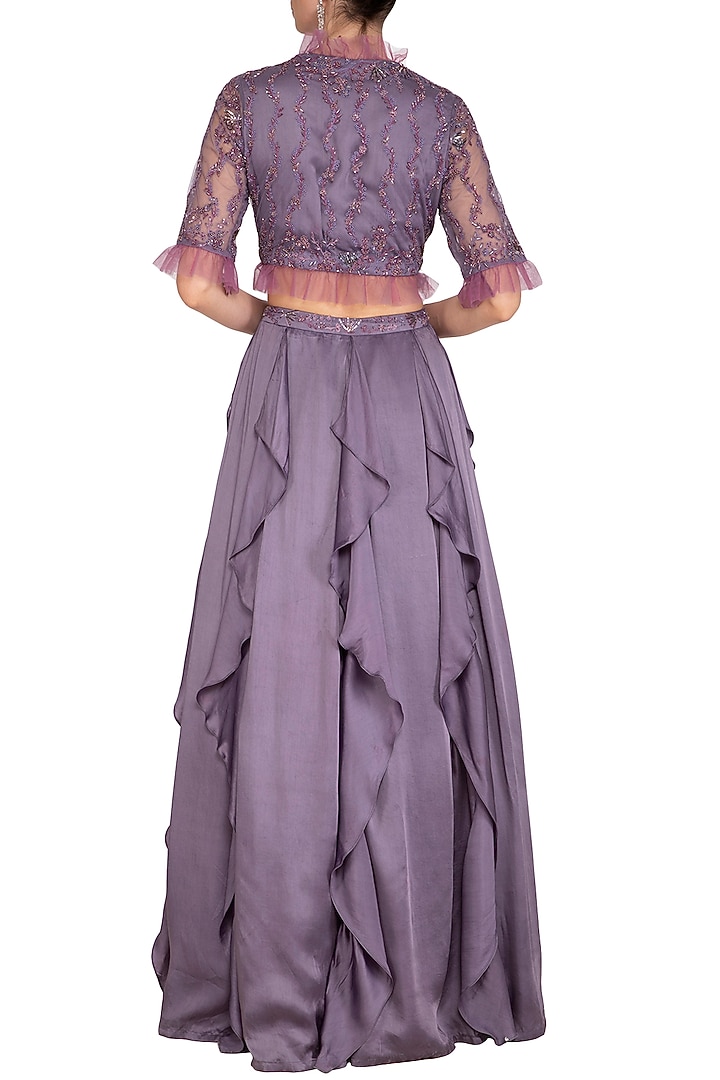 Dusty Violet Ruffled Skirt With Embellished Blouse by K-ANSHIKA Jaipur at Pernia's Pop Up Shop