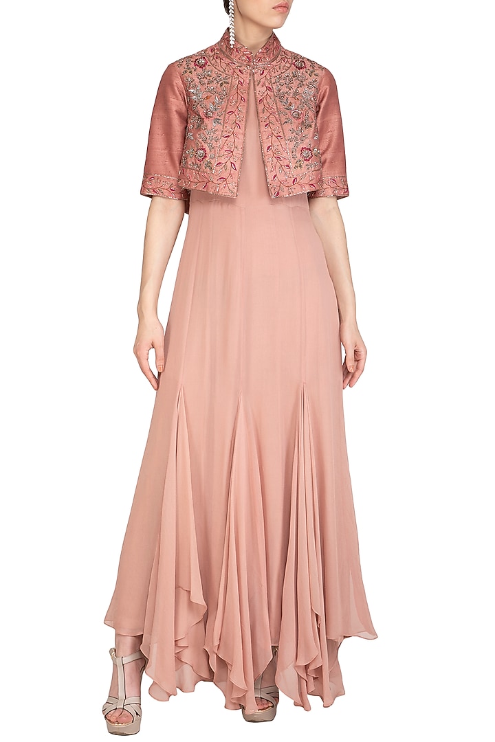 Dusty Peach Asymmetrical Cocktail Dress With Embellished Jacket by K-ANSHIKA Jaipur at Pernia's Pop Up Shop