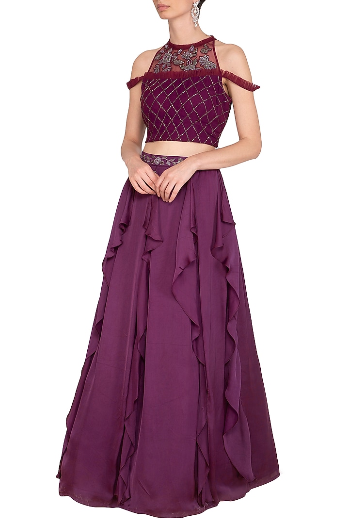 Wine Ruffled Skirt With Embellished Blouse by K-ANSHIKA Jaipur at Pernia's Pop Up Shop