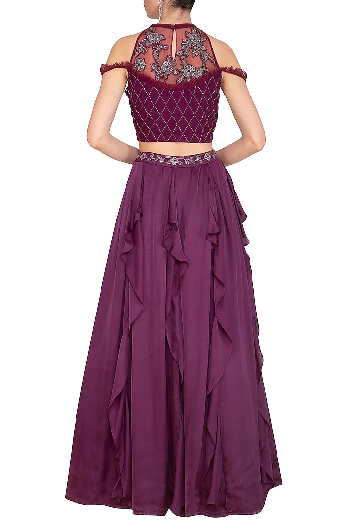 Wine Ruffled Skirt With Embellished Blouse by K-ANSHIKA Jaipur at Pernia's Pop Up Shop