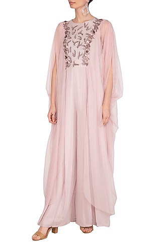 Onion Pink Embroidered jumpsuit With Side Cowl by K-ANSHIKA Jaipur