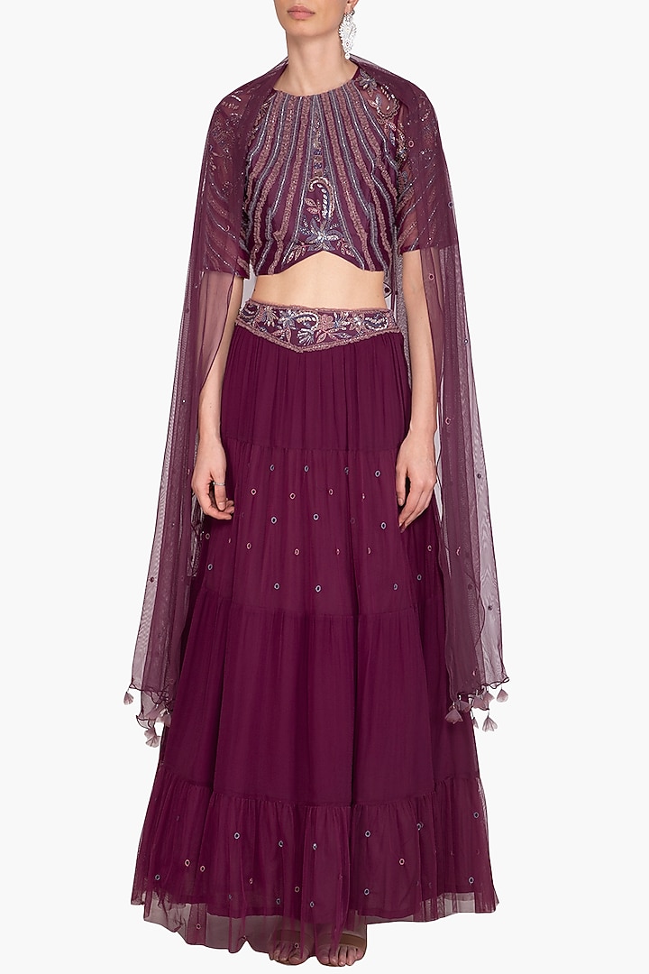 Wine Embroidered Wedding Lehenga Set by K-ANSHIKA Jaipur at Pernia's Pop Up Shop