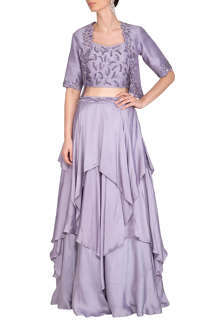Lilac Embroidered Wedding Lehenga Set With Jacket by K-ANSHIKA Jaipur at Pernia's Pop Up Shop