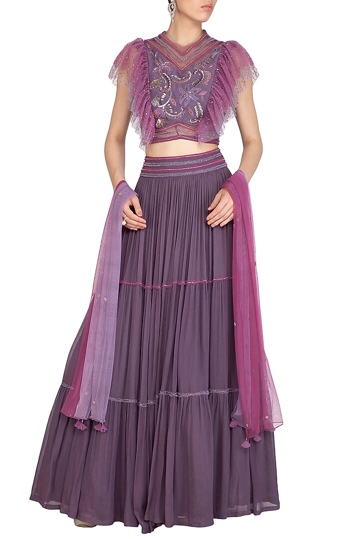 Purple Embroidered Tiered Wedding Lehenga Set by K-ANSHIKA Jaipur at Pernia's Pop Up Shop
