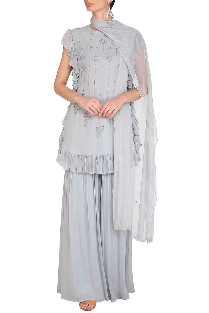 Grey Embellished Ruffled Party Wear Sharara Set by K-ANSHIKA Jaipur at Pernia's Pop Up Shop