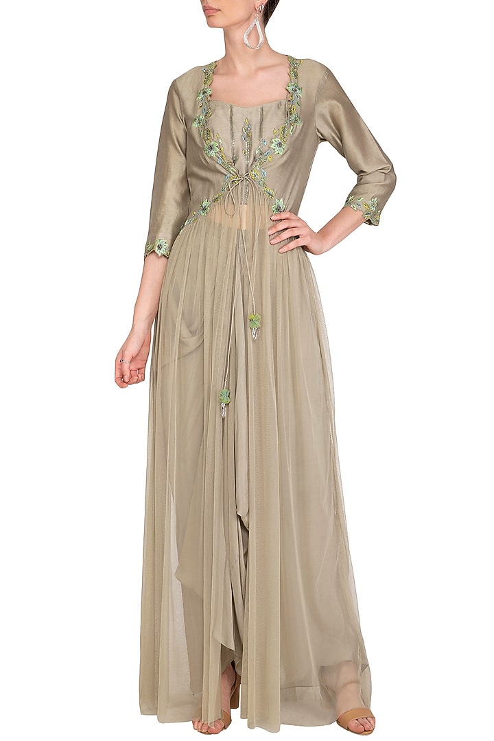 Greyish Beige Embroidered Jacket Set by K-ANSHIKA Jaipur at Pernia's Pop Up Shop