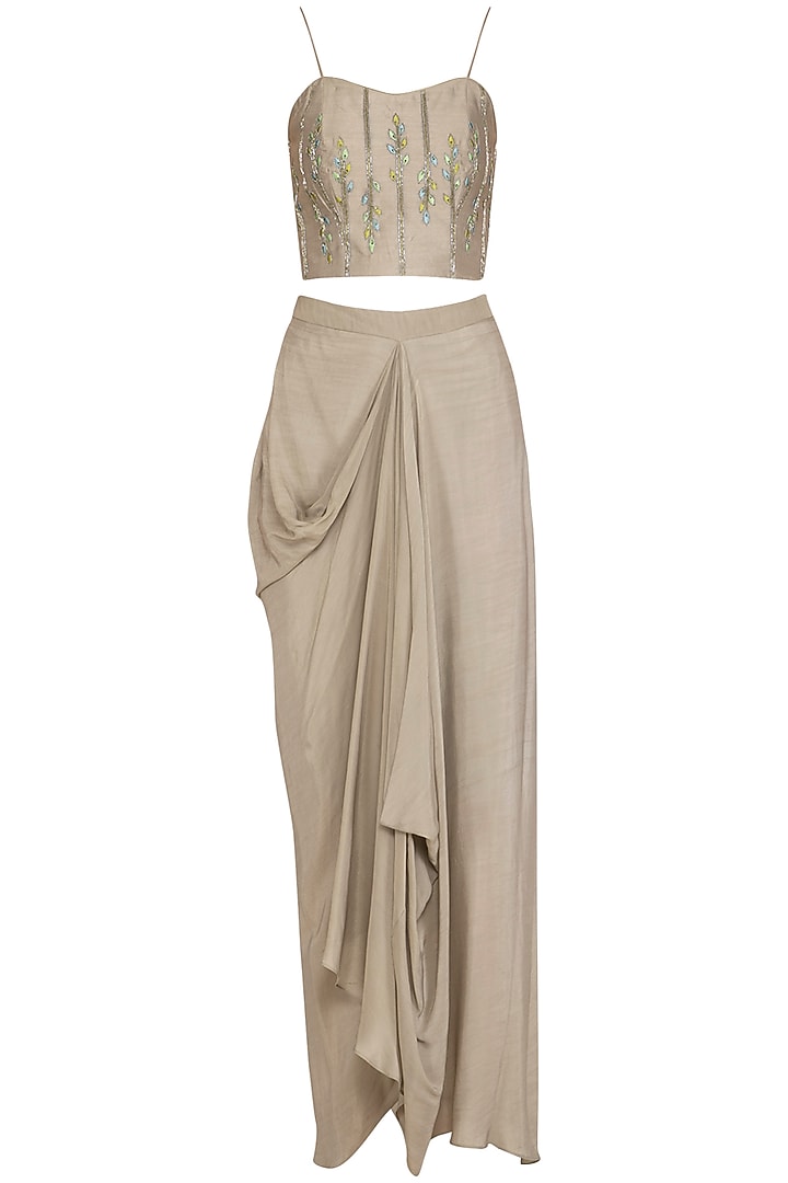Greyish Beige Embroidered Jacket Set by K-ANSHIKA Jaipur at Pernia's Pop Up Shop