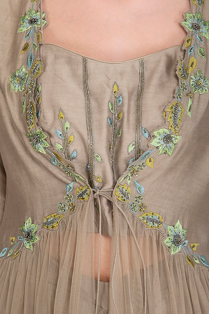 Greyish Beige Embroidered Jacket Set by K-ANSHIKA Jaipur at Pernia's Pop Up Shop