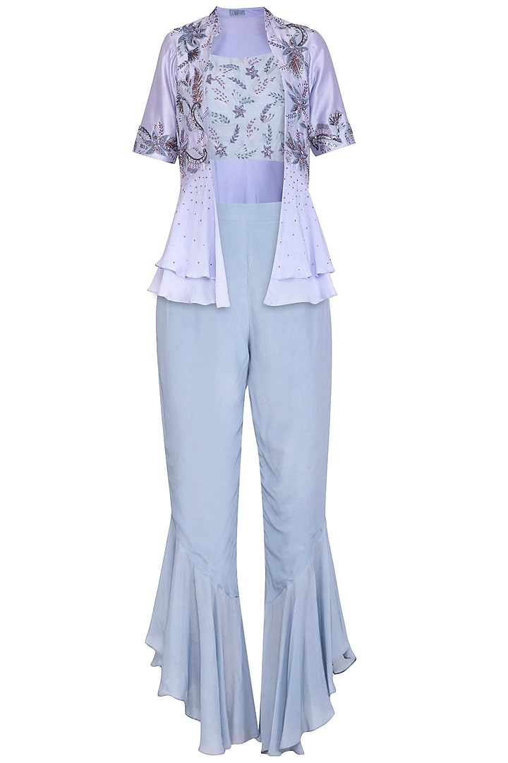 Lilac Embellished Bustier With Layered Jacket & Pants by K-ANSHIKA Jaipur