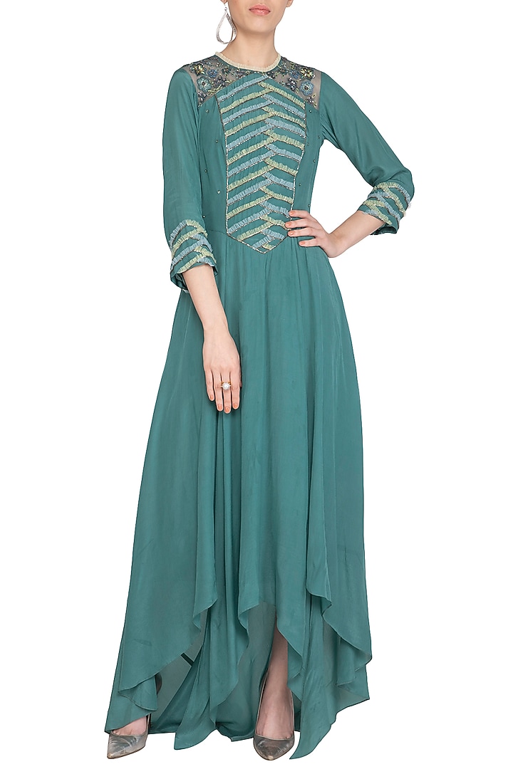 Teal Embroidered Asymmetric Tunic by K-ANSHIKA Jaipur at Pernia's Pop Up Shop