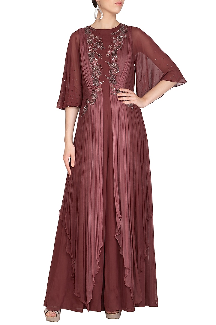 Coffee Brown Embroidered Jumpsuit With Drape by K-ANSHIKA Jaipur at Pernia's Pop Up Shop