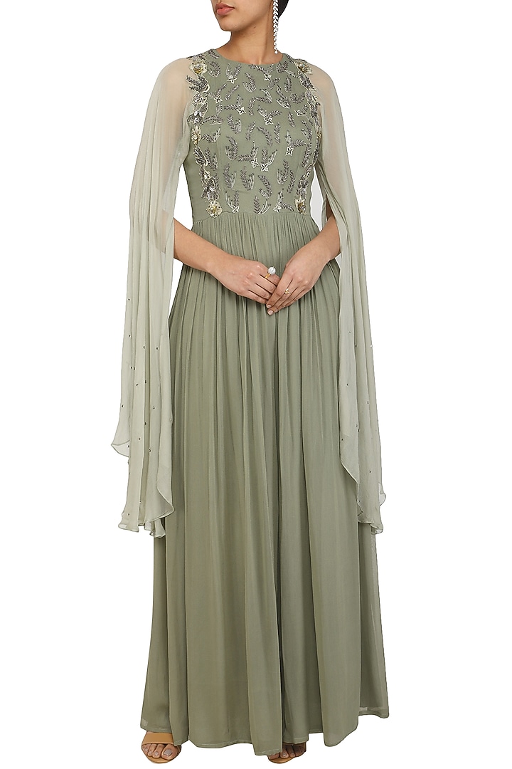 Pistachio green Embroidered Cape Sleeves Jumpsuit by K-ANSHIKA Jaipur at Pernia's Pop Up Shop
