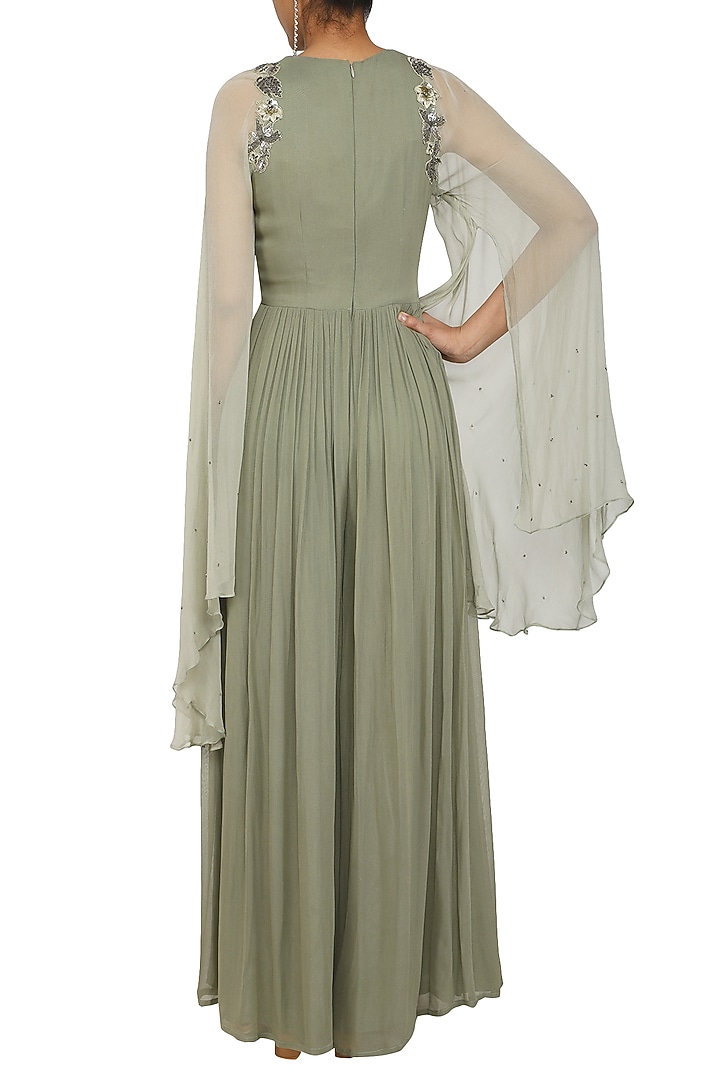 Pistachio green Embroidered Cape Sleeves Jumpsuit by K-ANSHIKA Jaipur at Pernia's Pop Up Shop