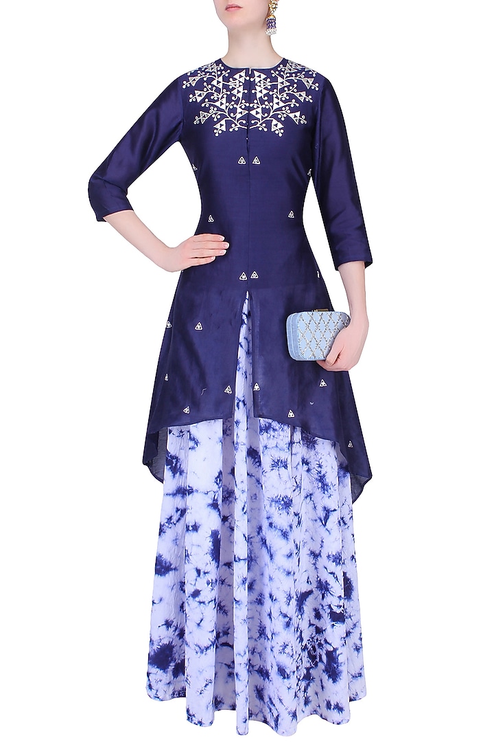 Navy blue gota patti high low kurta with marble dyed skirt available only at Pernia's Pop Up Shop.