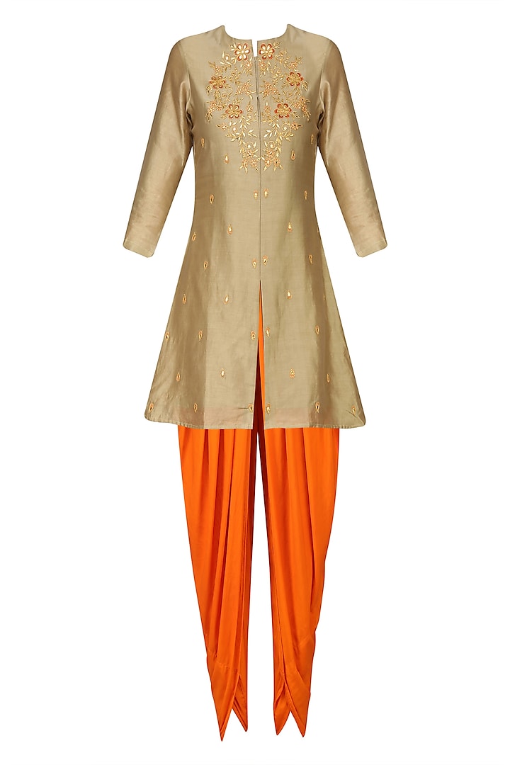 Dark Beige Gota Patti Short Kurta with Rust Orange Dhoti Pants by K-ANSHIKA Jaipur