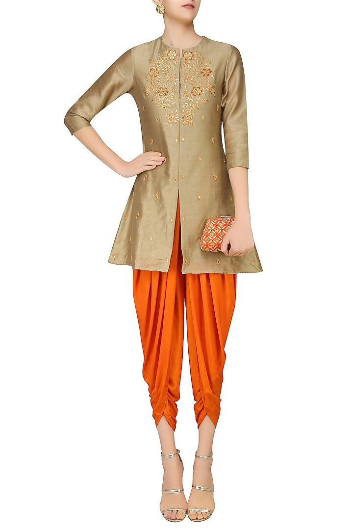 Dark beige gota patti short kurta with rust orange dhoti pants available only at Pernia's Pop Up Shop.
