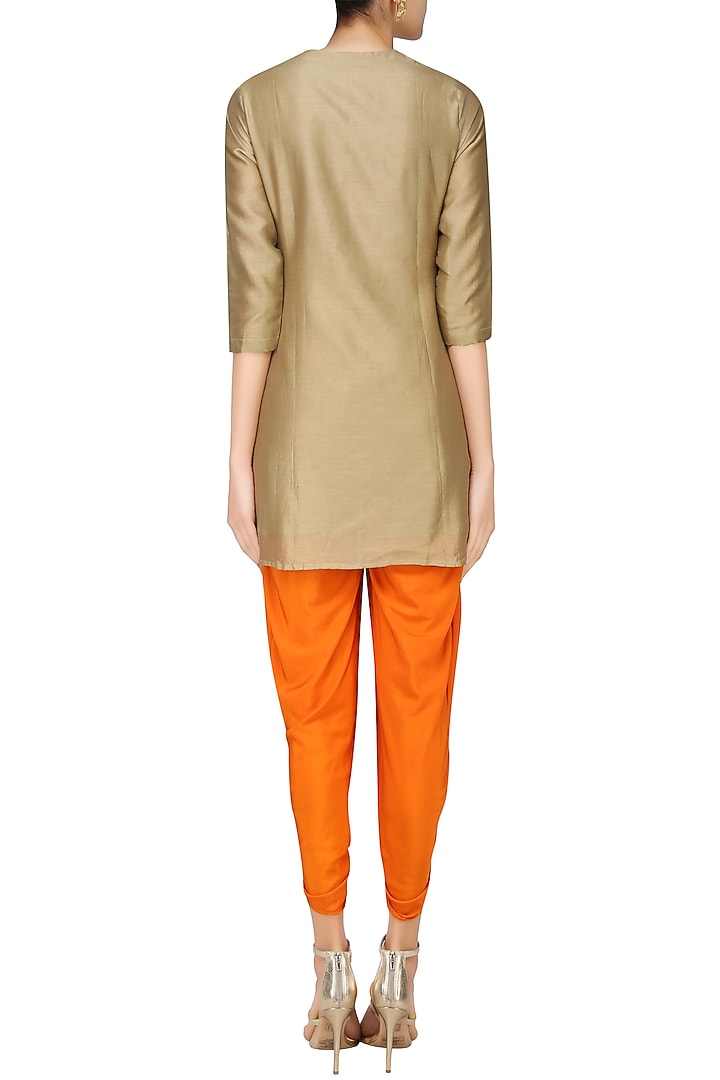 Dark beige gota patti short kurta with rust orange dhoti pants available only at Pernia's Pop Up Shop.