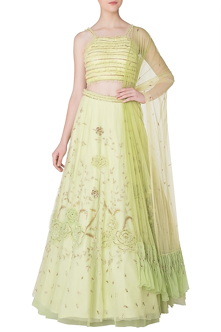 Lime green embroidered frill lehenga set available only at Pernia's Pop Up Shop.