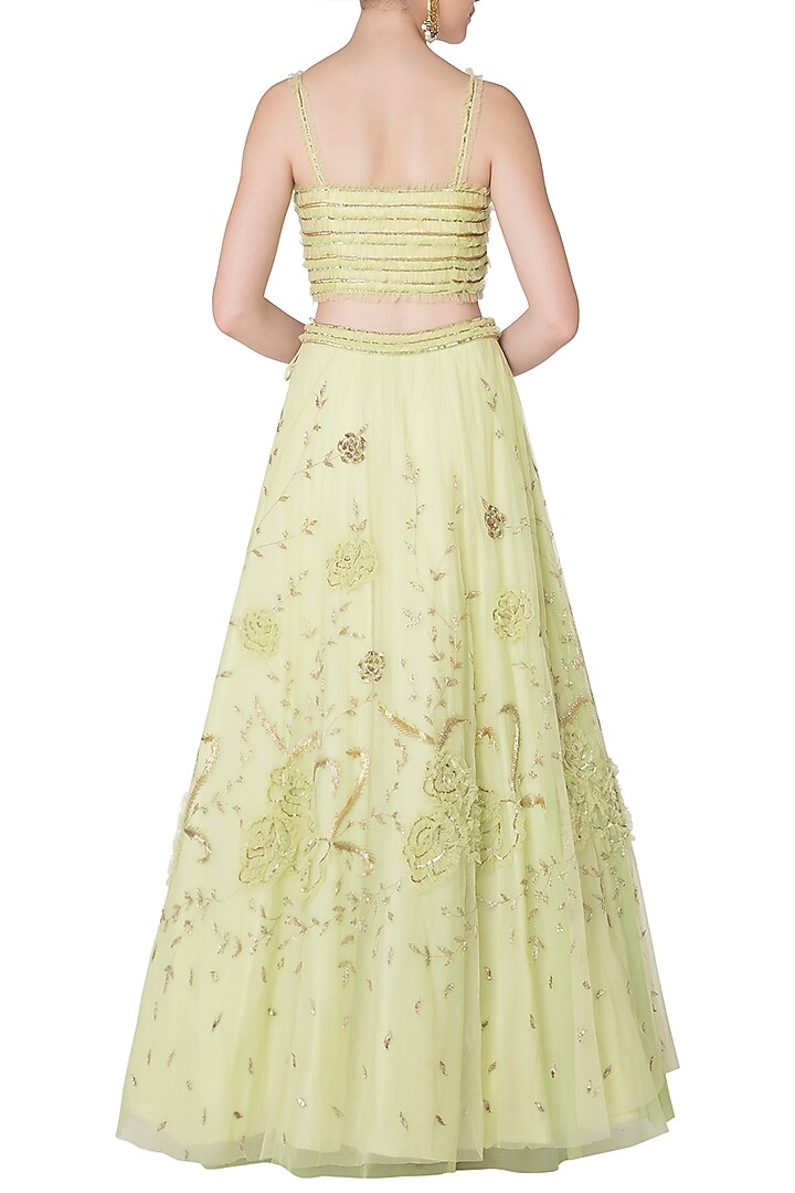 Lime green embroidered frill lehenga set available only at Pernia's Pop Up Shop.