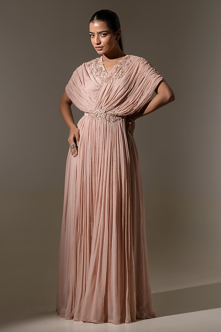 Pink Georgette Embroidered Drape Engagement Gown by K-ANSHIKA Jaipur at Pernia's Pop Up Shop