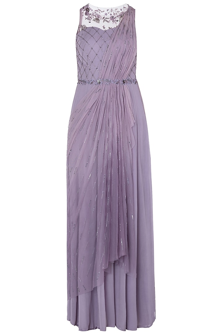Lilac Embroidered Draped Saree Gown by K-ANSHIKA Jaipur