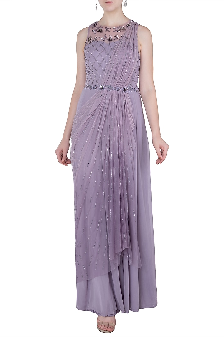 Lilac embroidered draped saree gown available only at Pernia's Pop Up Shop.
