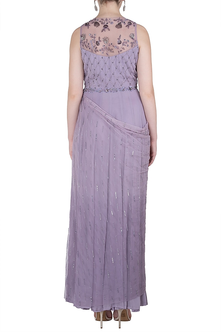 Lilac embroidered draped saree gown available only at Pernia's Pop Up Shop.