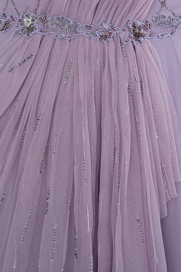 Lilac embroidered draped saree gown available only at Pernia's Pop Up Shop.