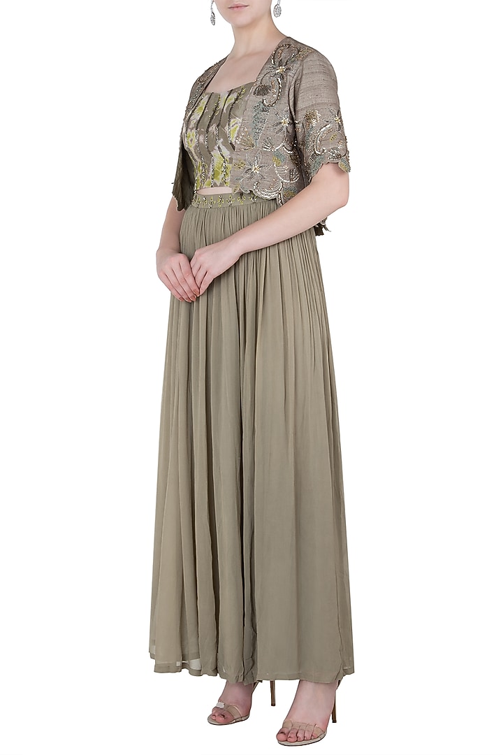 Grey embellished jacket with bustier and skirt available only at Pernia's Pop Up Shop.
