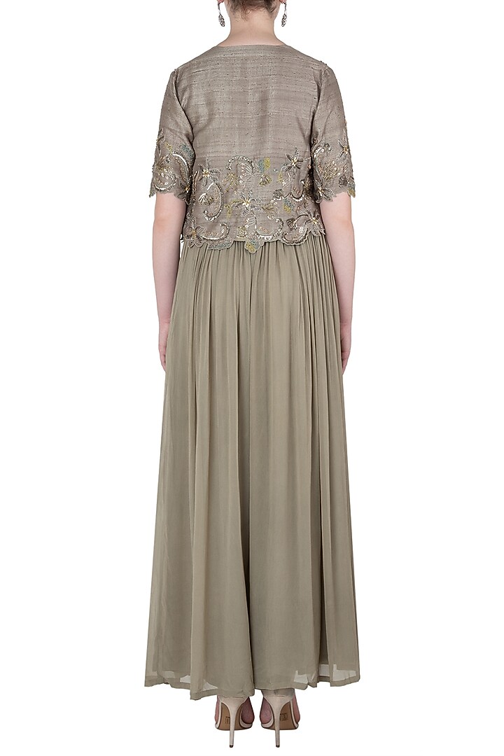 Grey embellished jacket with bustier and skirt available only at Pernia's Pop Up Shop.