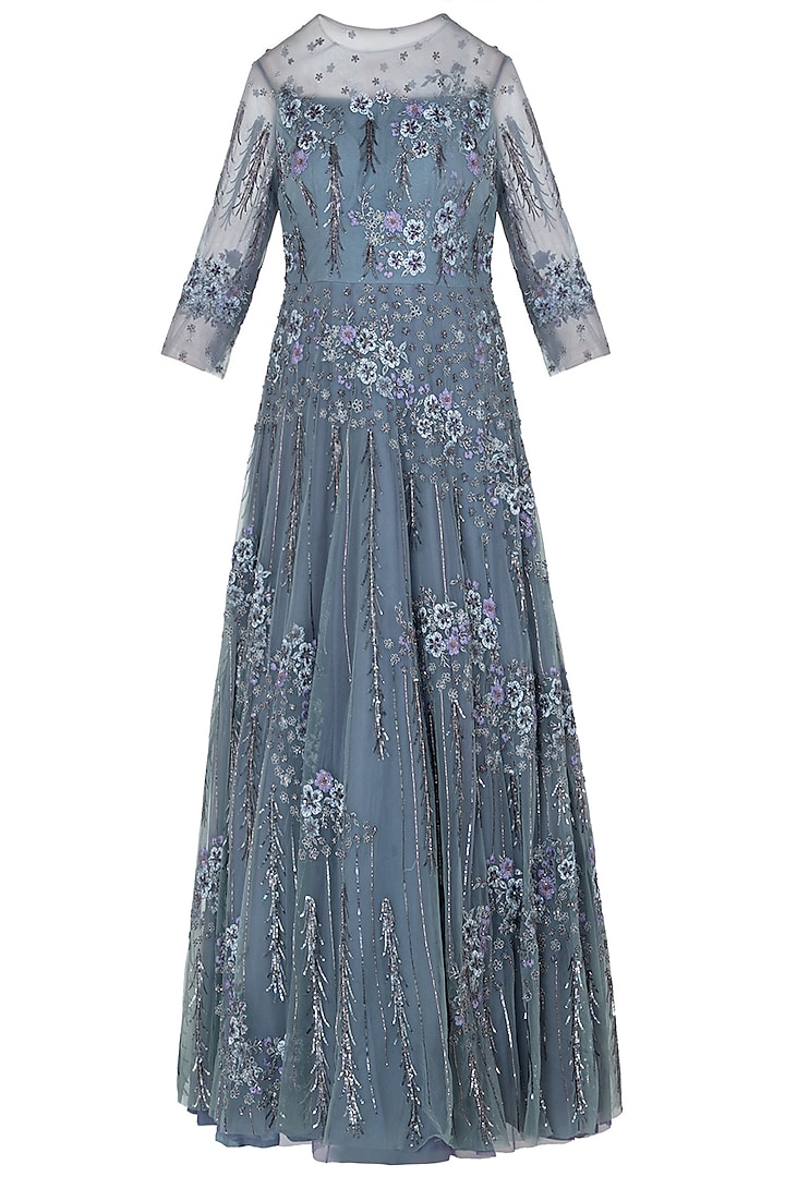 Ice Blue Asymmetrical Embellished Gown by K-ANSHIKA Jaipur