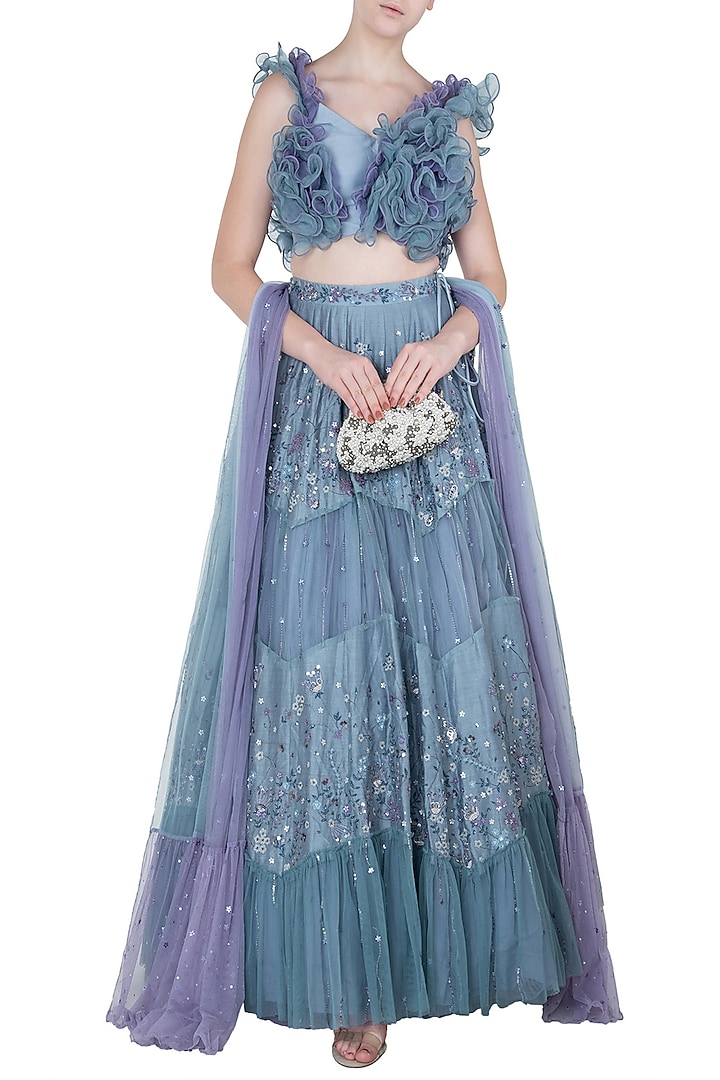 Ice blue embroidered lehenga set available only at Pernia's Pop Up Shop.