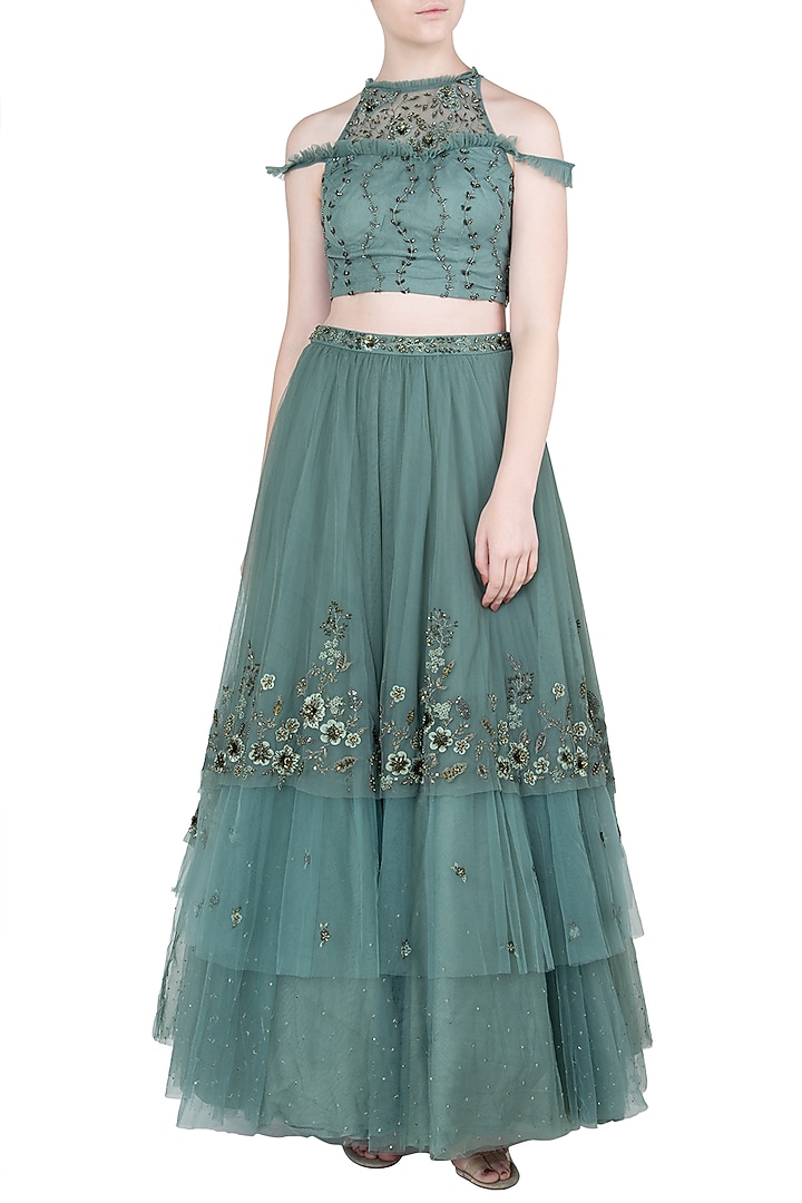 Moss green embellished top with skirt available only at Pernia's Pop Up Shop.