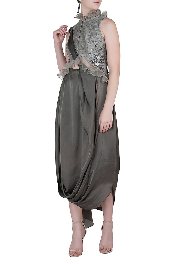 Grey embroidered cowl saree with jacket available only at Pernia's Pop Up Shop.